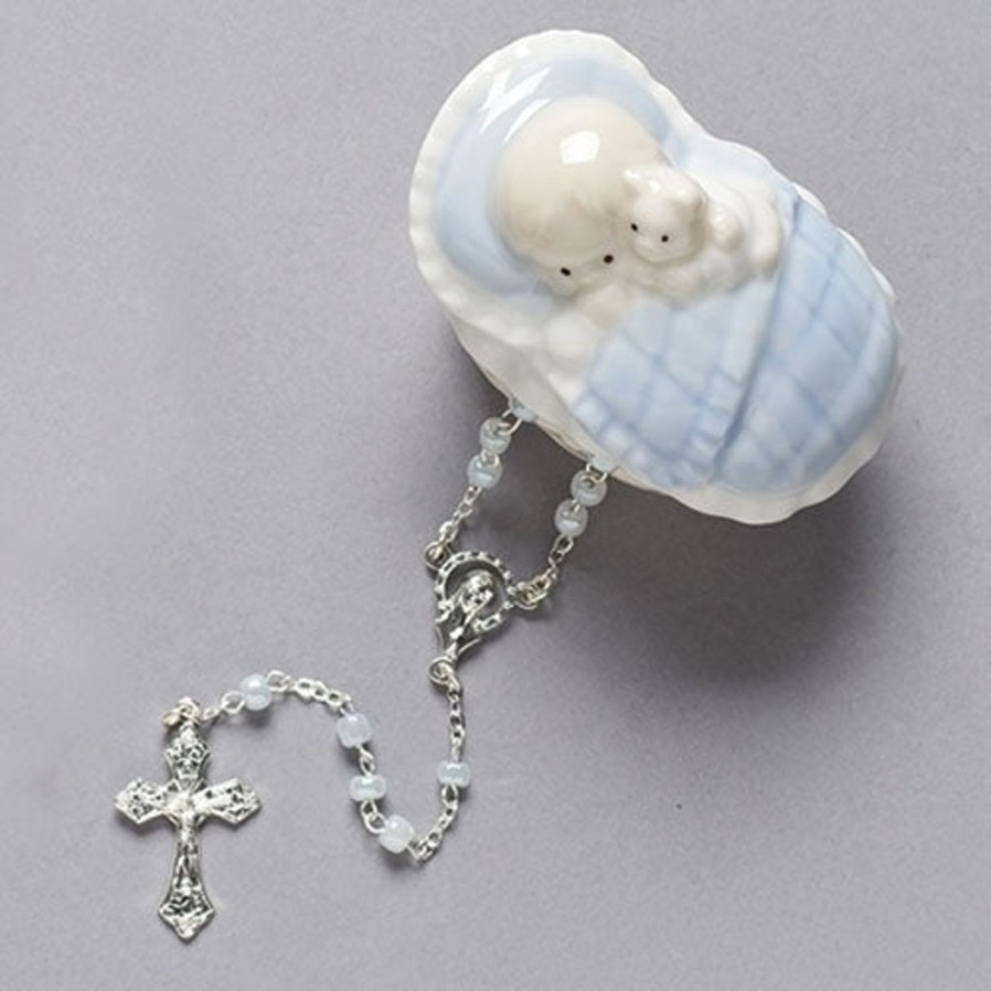 Rosaries Regers | Baby Boy Keepsake Box With Rosary 1.5"H