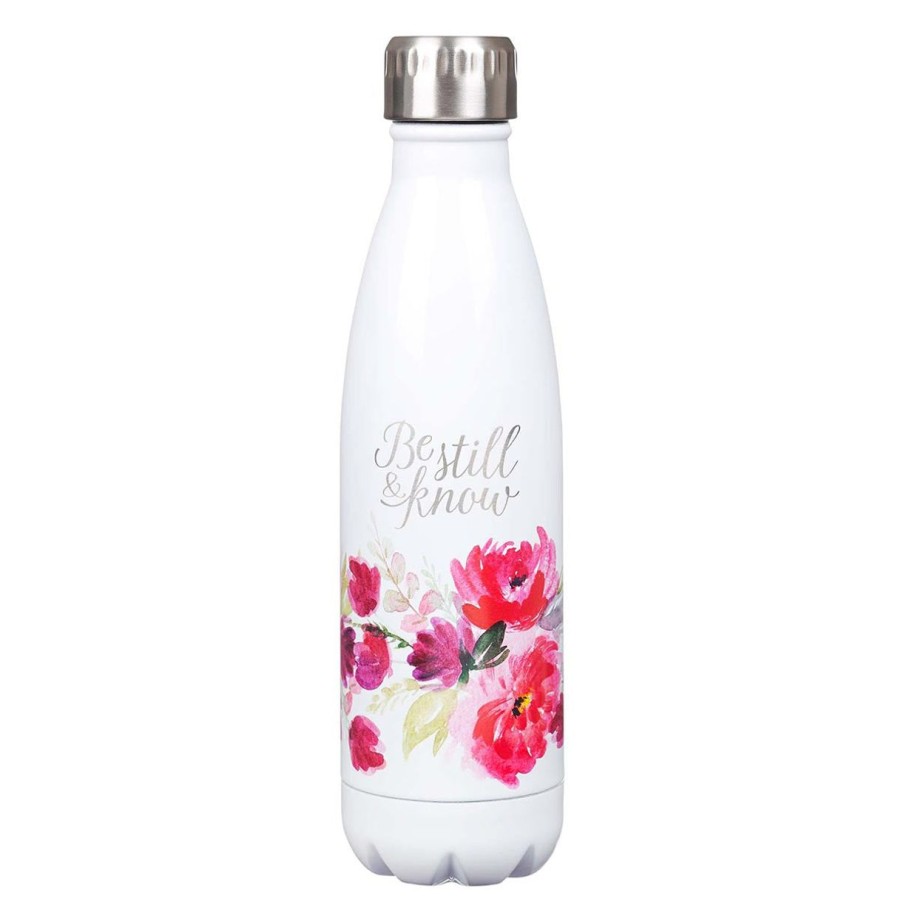 Gift Ideas&Other Regers | Be Still & Know White Floral Stainless Steel Water Bottle - Psalm 46:10