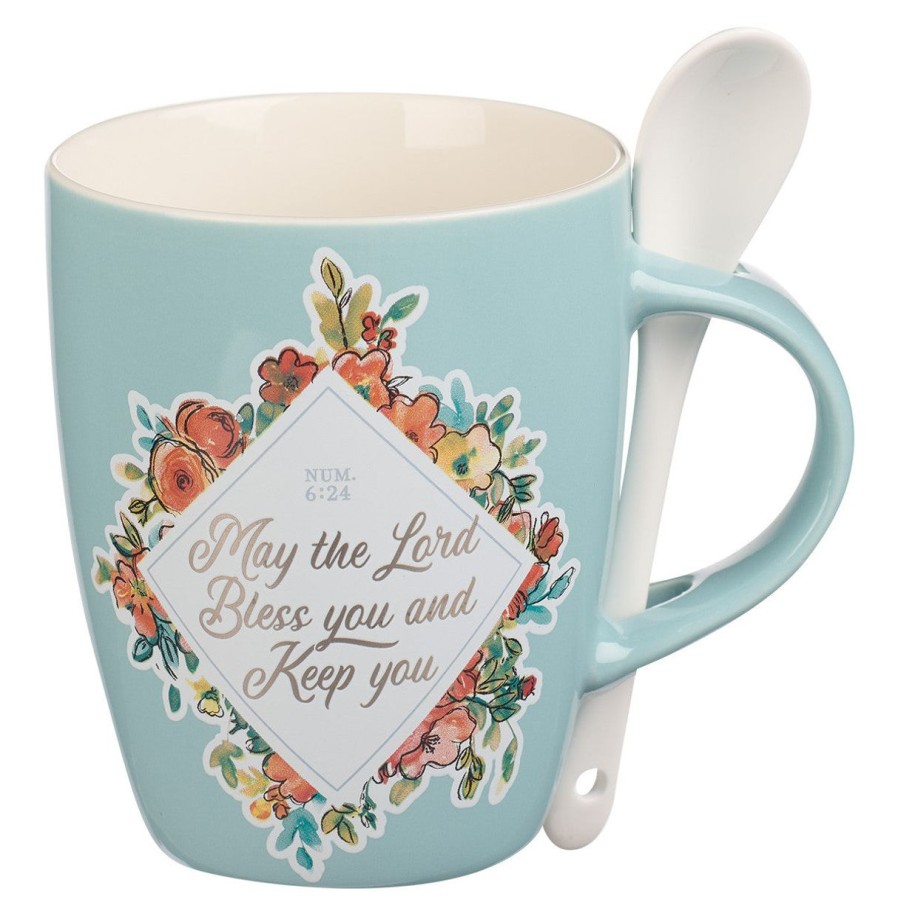 Gift Ideas&Other Regers | Bless You And Keep You Teal Ceramic Coffee Mug With Spoon - Numbers 6:24