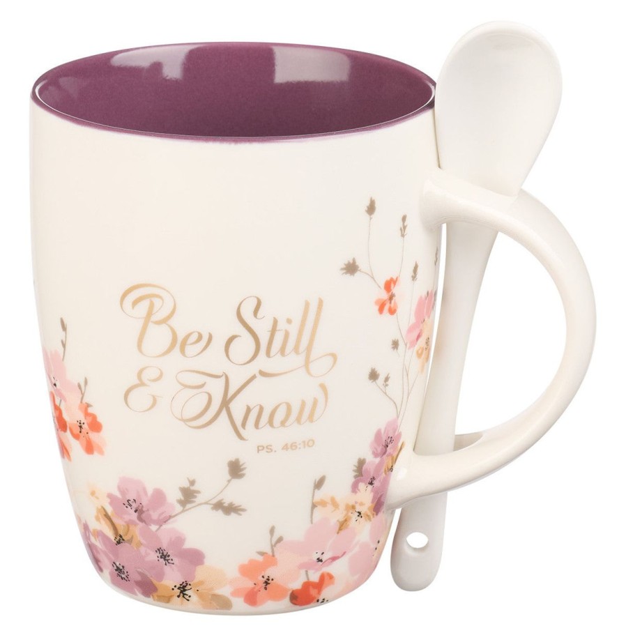 Gift Ideas&Other Regers | Be Still & Know Purple Floral Ceramic Coffee Mug With Spoon - Psalm 46:10