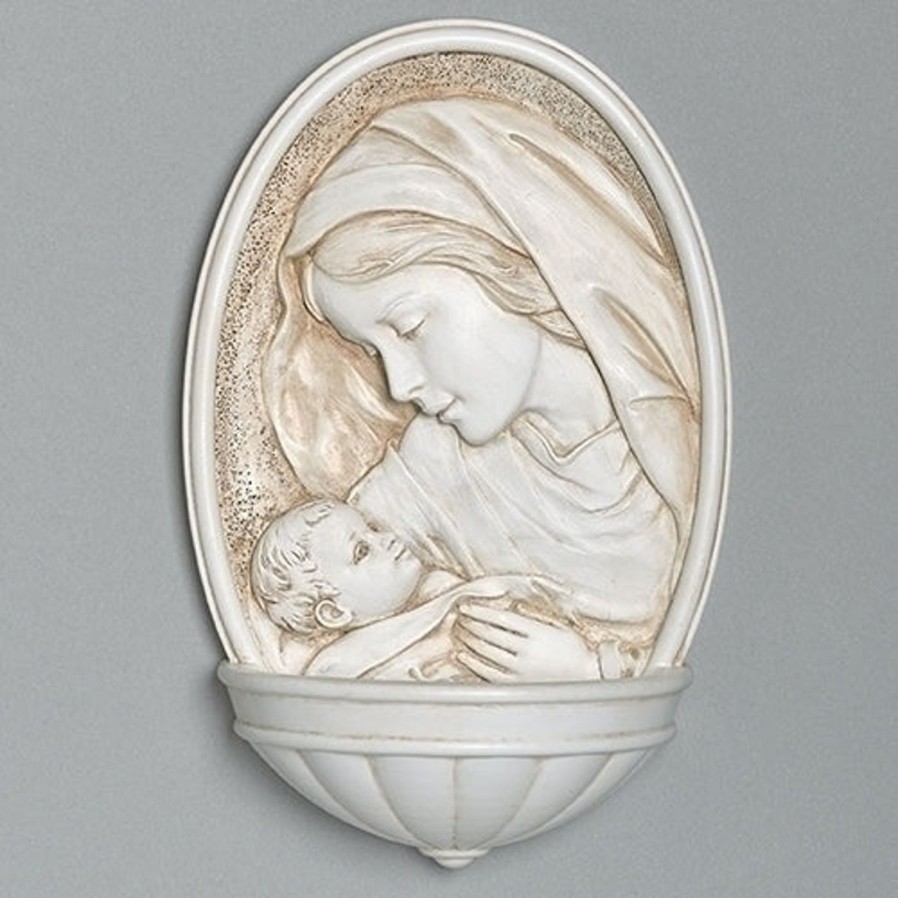 Statues Regers | Madonna And Child White Holy Water Font 8"H