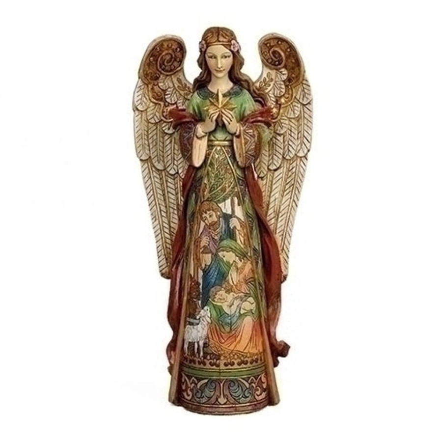 Christmas&Advent Regers | Angel Holding Star With Holy Family In Skirt Statue 15.75"H