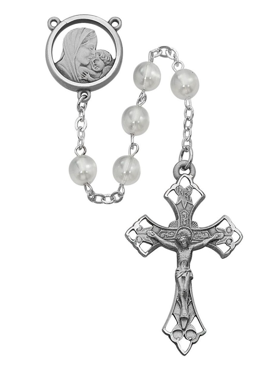 Rosaries Regers | Mother And Child Rosary - White Glass Rosary Boxed