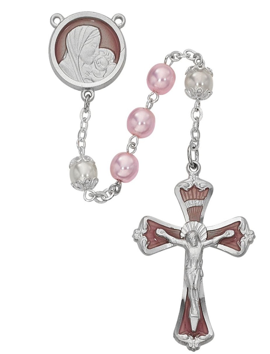 Rosaries Regers | Mother And Child Rosary - Pink Pearl Like Glass Rosary Boxed