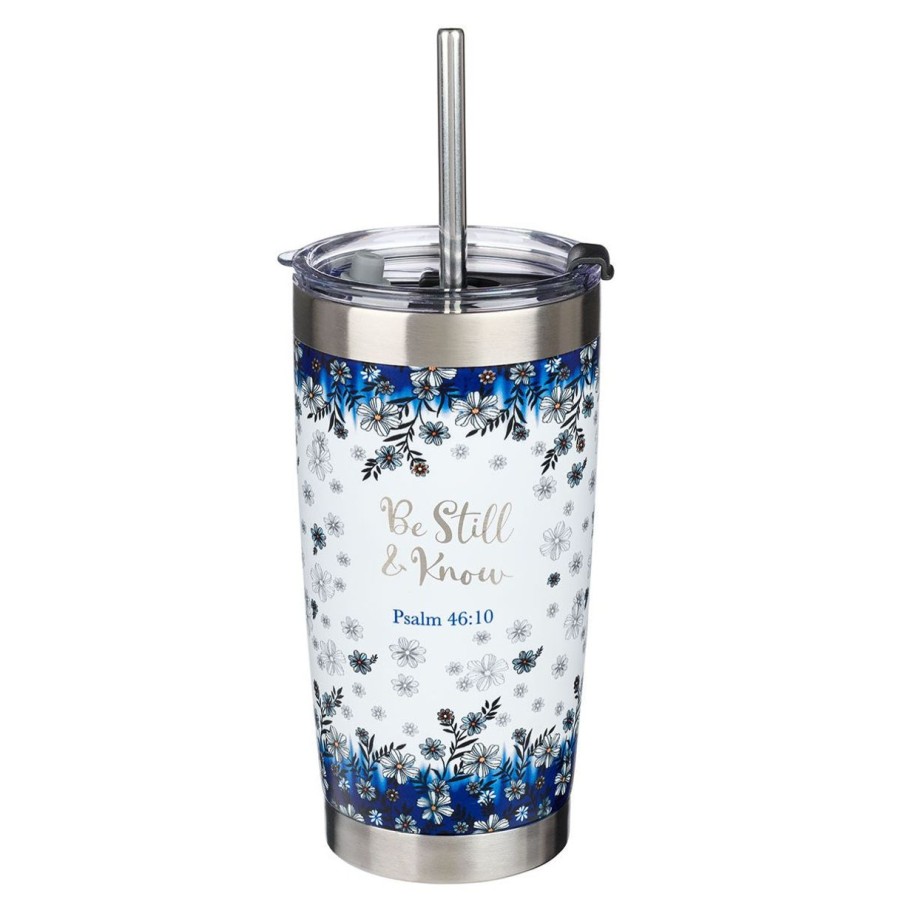 Gift Ideas&Other Regers | Be Still & Know Blue Floral Stainless Steel Travel Mug With Reusable Stainless Steel Straw - Psalm 46:10