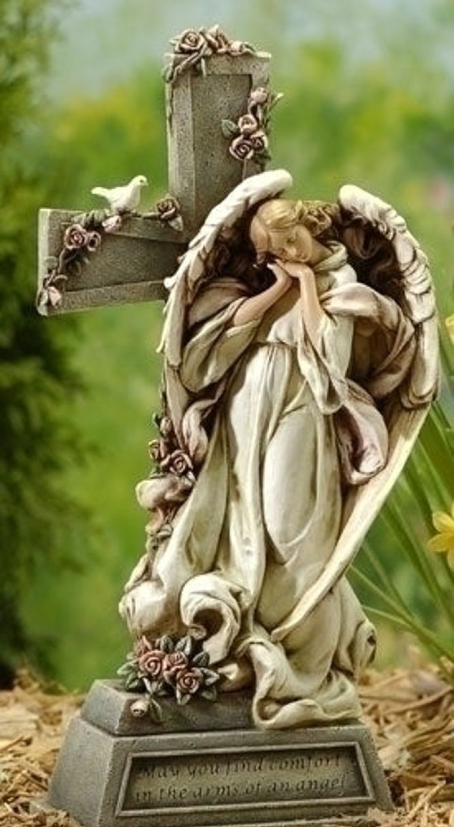 Statues Regers | Angel With Cross Memorial Garden Statue 14.75"H