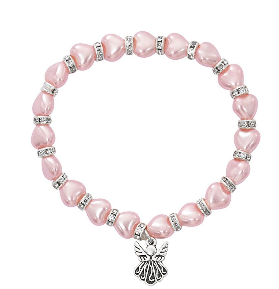 Occasions Regers Baby&Baptism Rosaries & Jewelry | Bracelet - 5.5" Pink Heart Pearl Stretch Bracelet